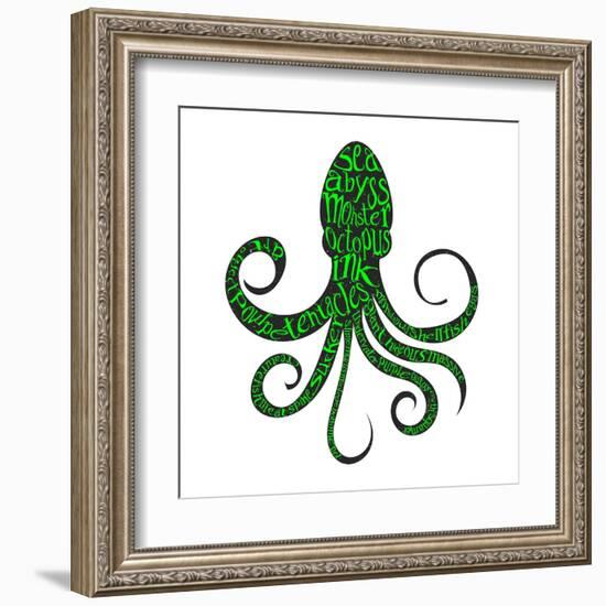 Typography Monochrome Vintage Poster with Octopus Silhouette, and Hand Drawn Style Fonts. Vector Il-Vitaliy Zuyenko-Framed Art Print