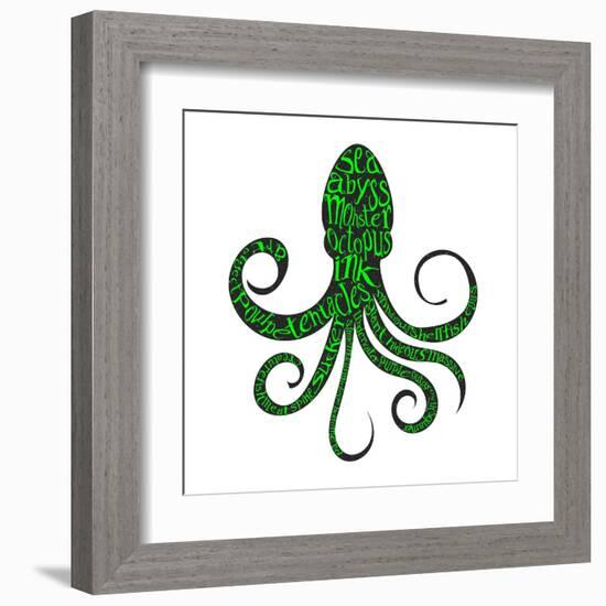 Typography Monochrome Vintage Poster with Octopus Silhouette, and Hand Drawn Style Fonts. Vector Il-Vitaliy Zuyenko-Framed Art Print
