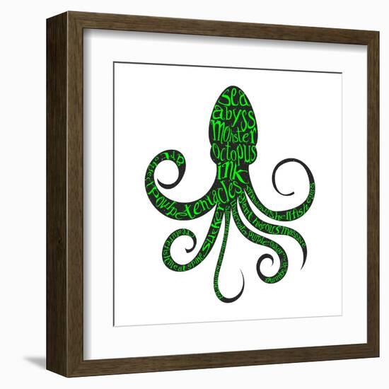 Typography Monochrome Vintage Poster with Octopus Silhouette, and Hand Drawn Style Fonts. Vector Il-Vitaliy Zuyenko-Framed Art Print