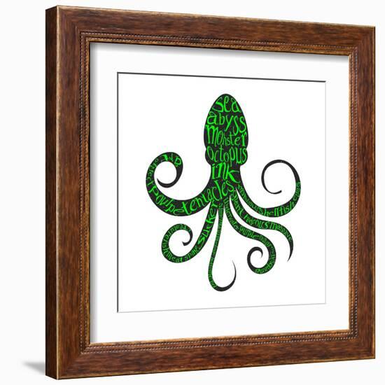 Typography Monochrome Vintage Poster with Octopus Silhouette, and Hand Drawn Style Fonts. Vector Il-Vitaliy Zuyenko-Framed Art Print