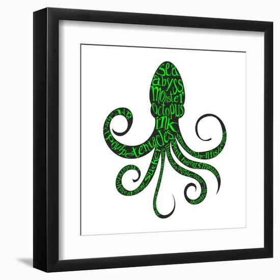 Typography Monochrome Vintage Poster with Octopus Silhouette, and Hand Drawn Style Fonts. Vector Il-Vitaliy Zuyenko-Framed Art Print