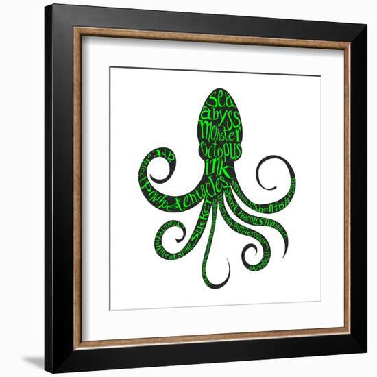 Typography Monochrome Vintage Poster with Octopus Silhouette, and Hand Drawn Style Fonts. Vector Il-Vitaliy Zuyenko-Framed Art Print