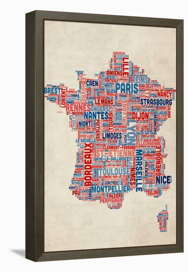 Typography Text Map of France Map-Michael Tompsett-Framed Stretched Canvas