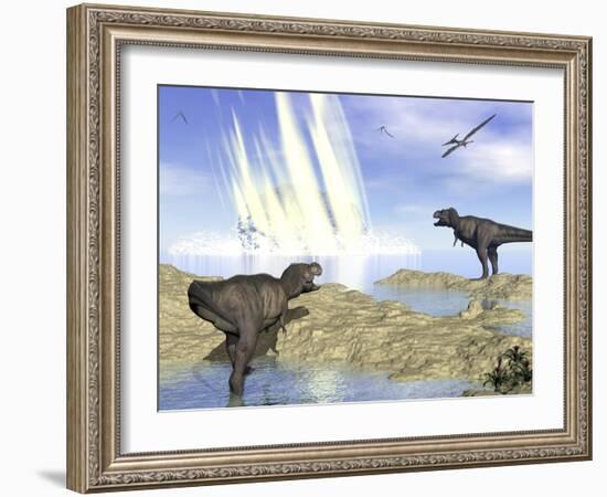 Tyrannosaurus Rex and Pteranodons Watch a Meteorite Impact-null-Framed Art Print