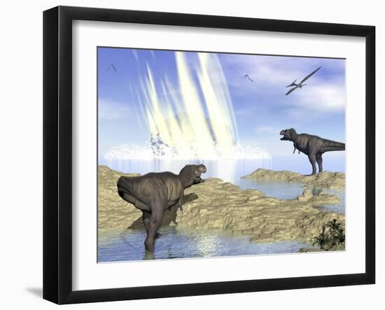 Tyrannosaurus Rex and Pteranodons Watch a Meteorite Impact-null-Framed Art Print