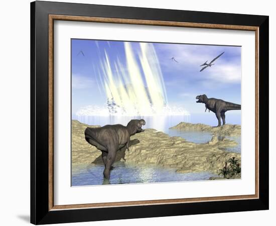 Tyrannosaurus Rex and Pteranodons Watch a Meteorite Impact-null-Framed Art Print