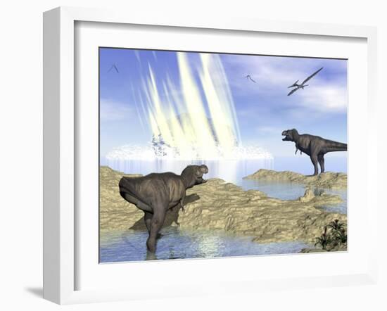 Tyrannosaurus Rex and Pteranodons Watch a Meteorite Impact-null-Framed Art Print