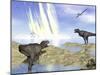 Tyrannosaurus Rex and Pteranodons Watch a Meteorite Impact-null-Mounted Art Print