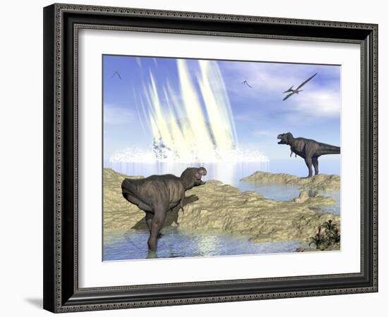 Tyrannosaurus Rex and Pteranodons Watch a Meteorite Impact-null-Framed Art Print