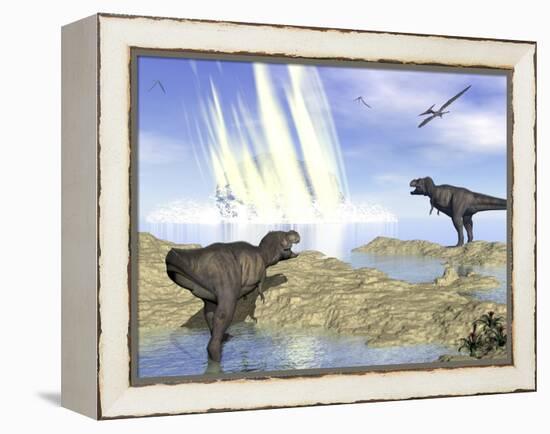 Tyrannosaurus Rex and Pteranodons Watch a Meteorite Impact-null-Framed Stretched Canvas