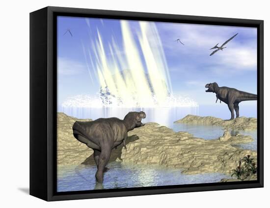 Tyrannosaurus Rex and Pteranodons Watch a Meteorite Impact-null-Framed Stretched Canvas