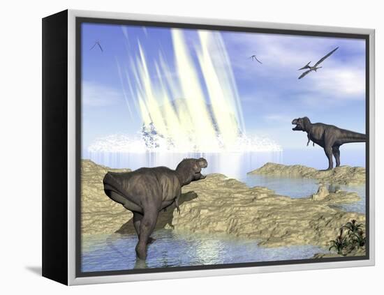 Tyrannosaurus Rex and Pteranodons Watch a Meteorite Impact-null-Framed Stretched Canvas