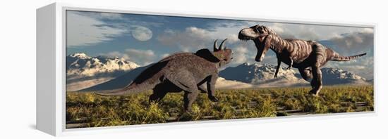 Tyrannosaurus Rex and Triceratops Meet for a Battle to the Death-null-Framed Stretched Canvas