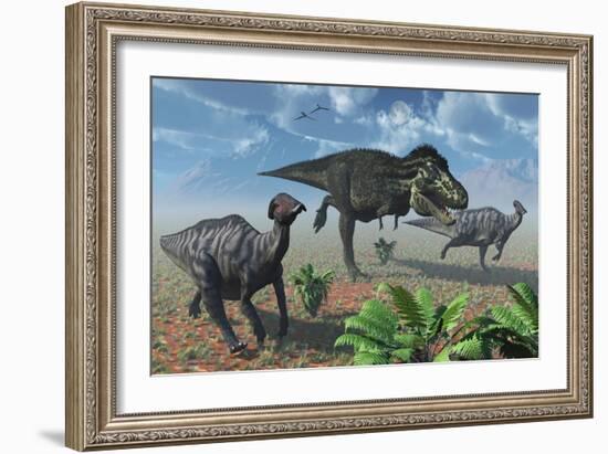 Tyrannosaurus Rex Attacking a Herd of Parasaurolophus Duckbill Dinosaurs-null-Framed Art Print