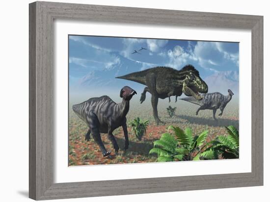 Tyrannosaurus Rex Attacking a Herd of Parasaurolophus Duckbill Dinosaurs-null-Framed Art Print