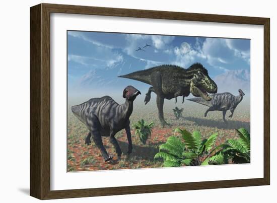 Tyrannosaurus Rex Attacking a Herd of Parasaurolophus Duckbill Dinosaurs-null-Framed Art Print