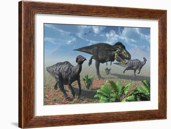 Tyrannosaurus Rex Attacking a Herd of Parasaurolophus Duckbill Dinosaurs-null-Framed Art Print