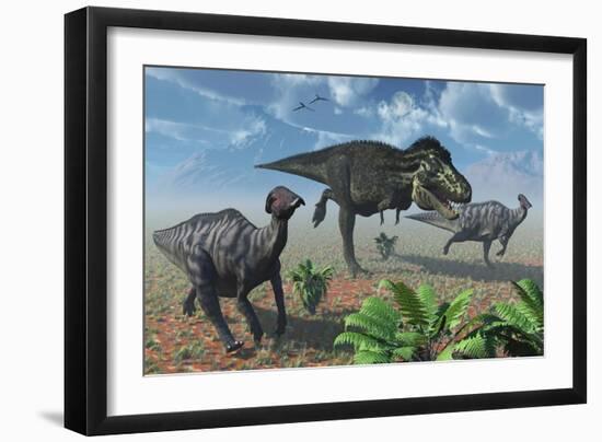 Tyrannosaurus Rex Attacking a Herd of Parasaurolophus Duckbill Dinosaurs-null-Framed Art Print