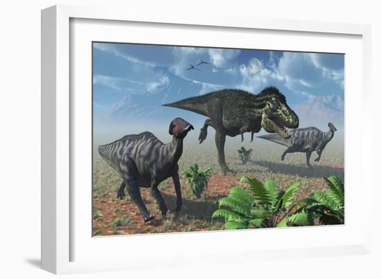 Tyrannosaurus Rex Attacking a Herd of Parasaurolophus Duckbill Dinosaurs-null-Framed Art Print