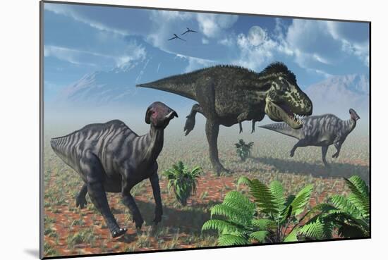 Tyrannosaurus Rex Attacking a Herd of Parasaurolophus Duckbill Dinosaurs-null-Mounted Art Print