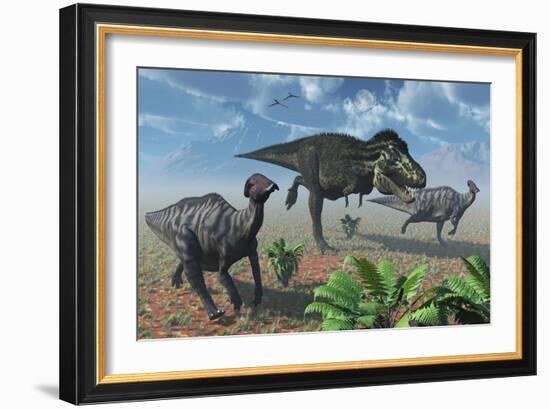 Tyrannosaurus Rex Attacking a Herd of Parasaurolophus Duckbill Dinosaurs-null-Framed Art Print