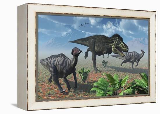 Tyrannosaurus Rex Attacking a Herd of Parasaurolophus Duckbill Dinosaurs-null-Framed Stretched Canvas