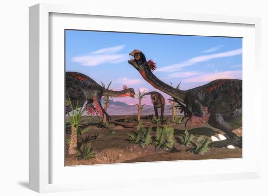 Tyrannosaurus Rex Attacking Gigantoraptors and their Eggs-Stocktrek Images-Framed Art Print