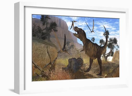 Tyrannosaurus Rex Attempts to Eat His Triceratops Kill While Pteranodons Harass Him-null-Framed Art Print