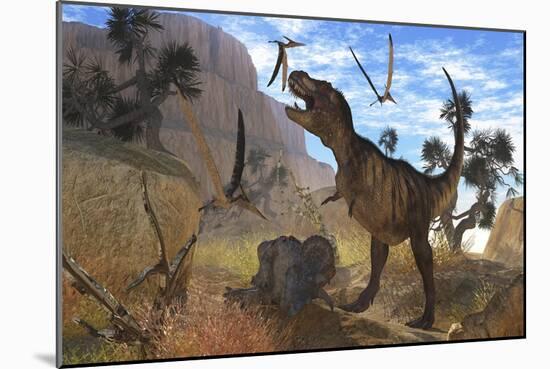 Tyrannosaurus Rex Attempts to Eat His Triceratops Kill While Pteranodons Harass Him-null-Mounted Art Print