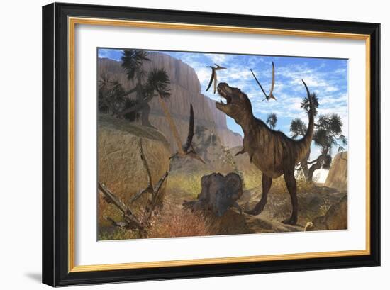 Tyrannosaurus Rex Attempts to Eat His Triceratops Kill While Pteranodons Harass Him-null-Framed Art Print