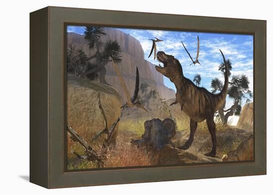 Tyrannosaurus Rex Attempts to Eat His Triceratops Kill While Pteranodons Harass Him-null-Framed Stretched Canvas