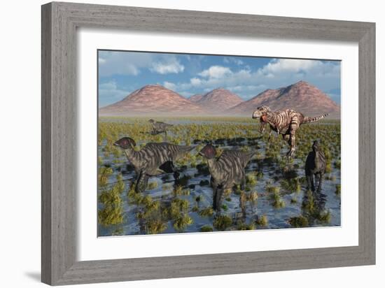 Tyrannosaurus Rex Chasing a Herd of Parasaurolophus Dinosaurs-null-Framed Premium Giclee Print