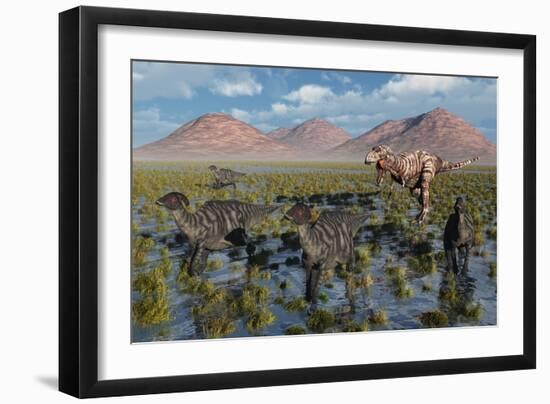 Tyrannosaurus Rex Chasing a Herd of Parasaurolophus Dinosaurs-null-Framed Premium Giclee Print