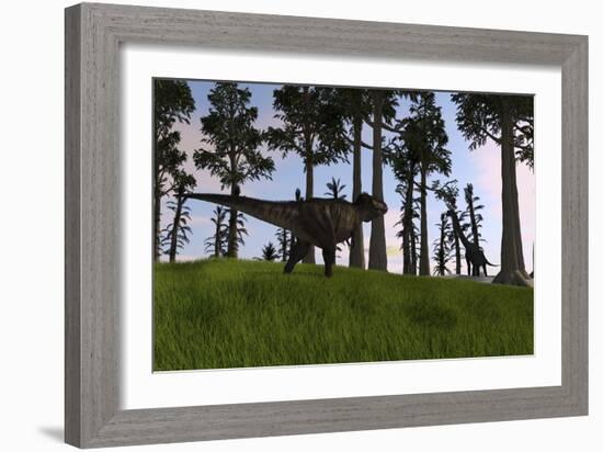 Tyrannosaurus Rex Confronts a Large Brachiosaurus-null-Framed Art Print