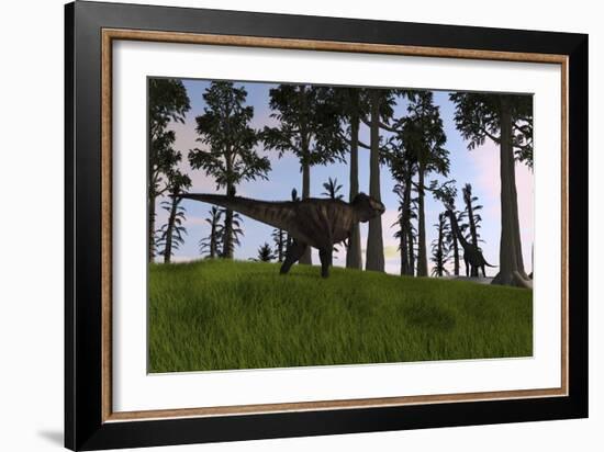 Tyrannosaurus Rex Confronts a Large Brachiosaurus-null-Framed Art Print