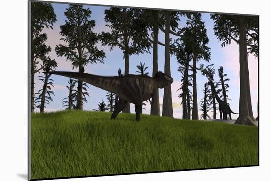 Tyrannosaurus Rex Confronts a Large Brachiosaurus-null-Mounted Art Print
