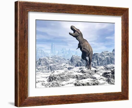 Tyrannosaurus Rex Dinosaur in a Snowy Landscape-null-Framed Art Print