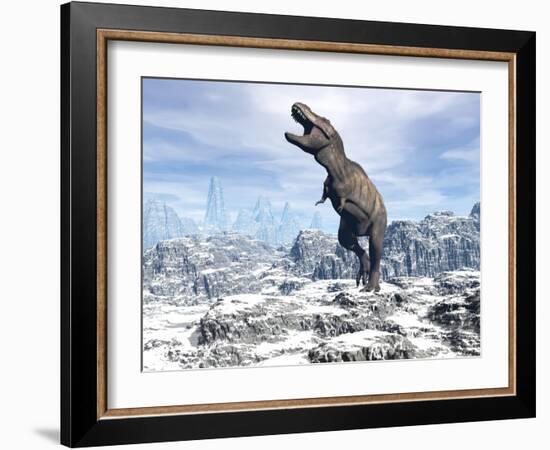 Tyrannosaurus Rex Dinosaur in a Snowy Landscape-null-Framed Art Print