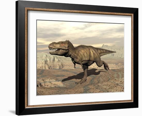 Tyrannosaurus Rex Dinosaur Running across Rocky Terrain-null-Framed Art Print