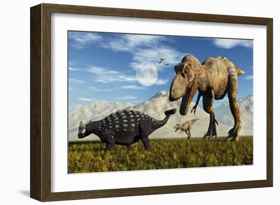 Tyrannosaurus Rex Dinosaurs Confronting a Lone Ankylosaurus-Stocktrek Images-Framed Art Print