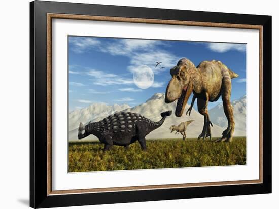Tyrannosaurus Rex Dinosaurs Confronting a Lone Ankylosaurus-Stocktrek Images-Framed Art Print