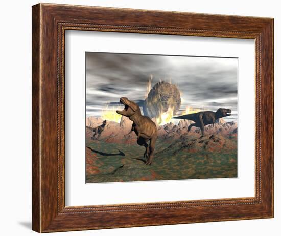 Tyrannosaurus Rex Dinosaurs Escaping a Big Meteorite Crash-null-Framed Art Print