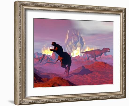 Tyrannosaurus Rex Dinosaurs Escaping a Big Meteorite Crash-null-Framed Art Print