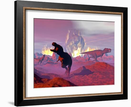 Tyrannosaurus Rex Dinosaurs Escaping a Big Meteorite Crash-null-Framed Art Print