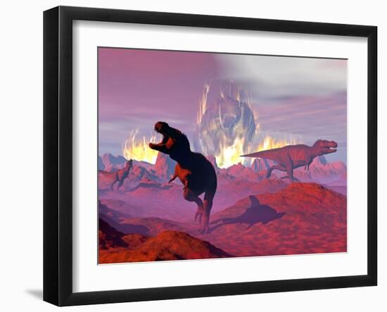 Tyrannosaurus Rex Dinosaurs Escaping a Big Meteorite Crash-null-Framed Art Print