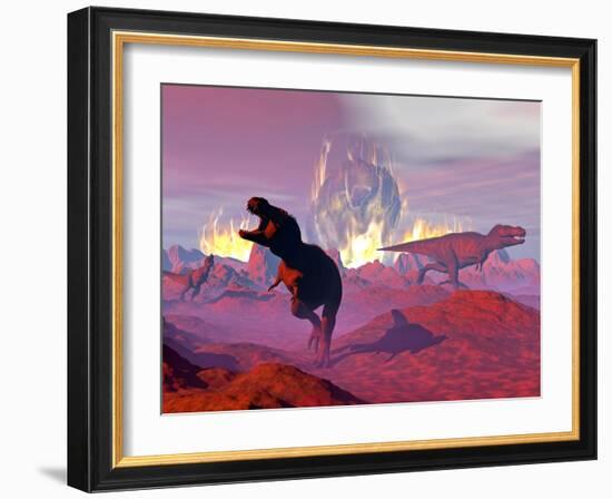 Tyrannosaurus Rex Dinosaurs Escaping a Big Meteorite Crash-null-Framed Art Print