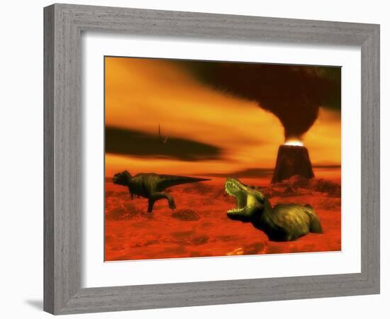 Tyrannosaurus Rex Dinosaurs Struggle to Survive from a Volcanic Eruption-null-Framed Art Print