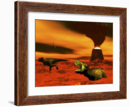 Tyrannosaurus Rex Dinosaurs Struggle to Survive from a Volcanic Eruption-null-Framed Art Print