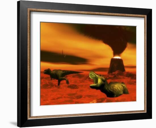 Tyrannosaurus Rex Dinosaurs Struggle to Survive from a Volcanic Eruption-null-Framed Art Print