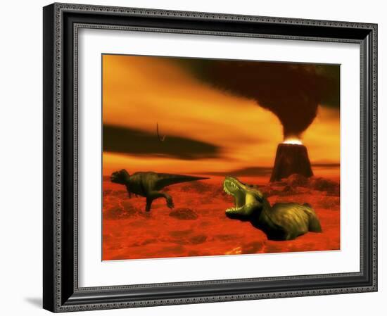 Tyrannosaurus Rex Dinosaurs Struggle to Survive from a Volcanic Eruption-null-Framed Art Print